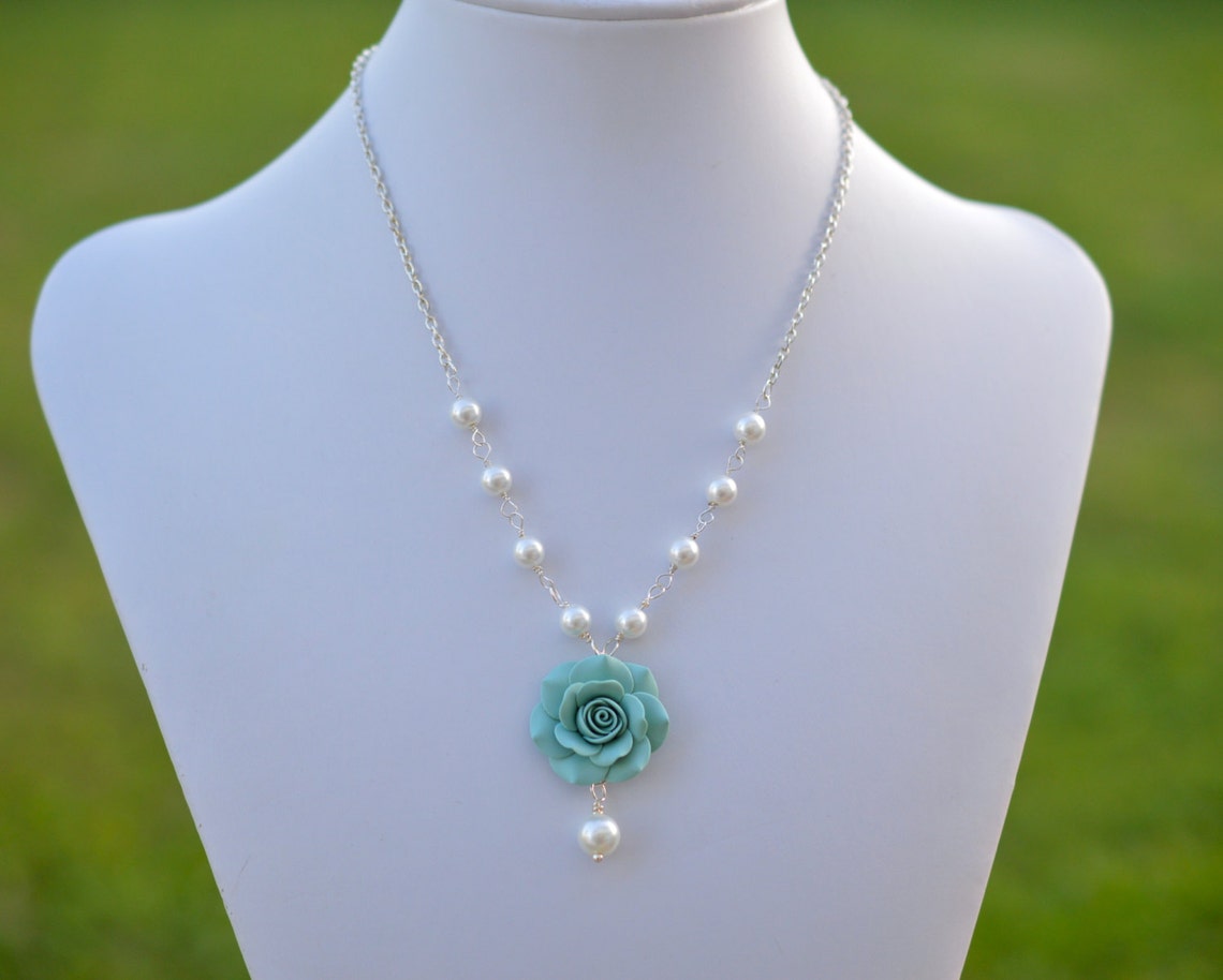 1 Necklace Light Mint Green Flower Necklace Tiffany Mint Rose Etsy