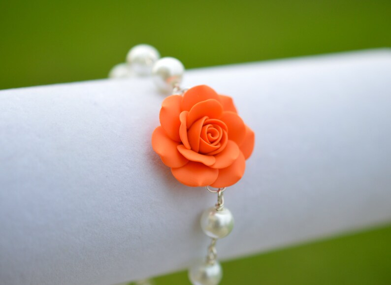 Orange Rose and Pearls Bracelet Orange Flower Bracelet.