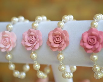 1 pcs Pink Shade Rose and pearls Bracelet, Hot Pink Rose Bracelet, Flower Bracelets, Pink Wedding Theme Jewelry
