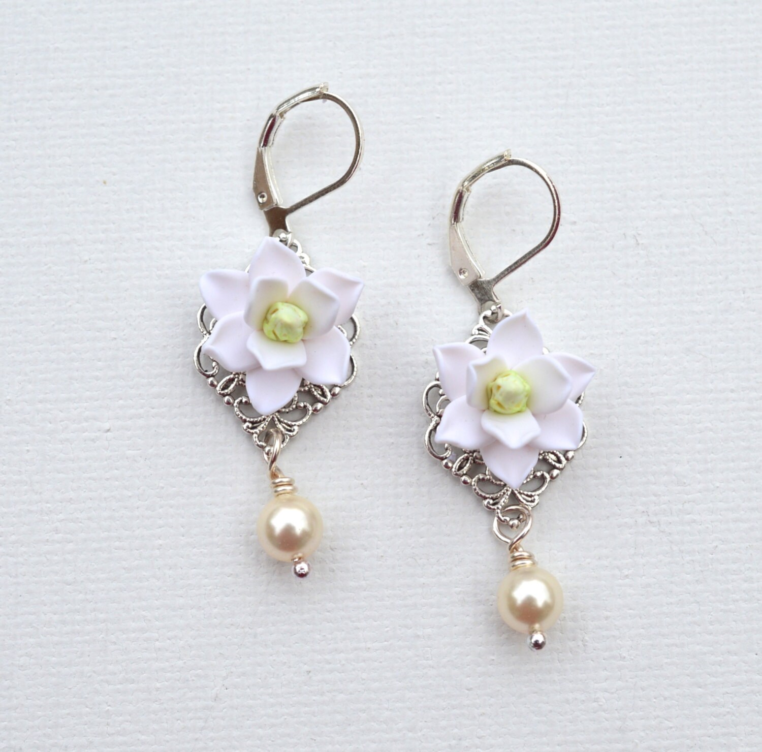 White Magnolia and Pearls Earrings. Magnolia Statement - Etsy