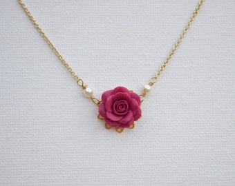 Small Magenta Rose Necklace. Bradley Delicate Necklace in Magenta Rose