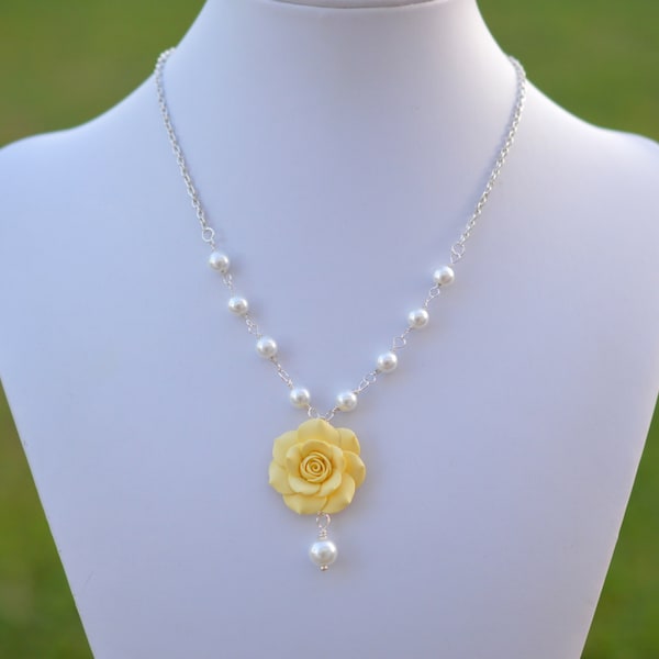Yellow Shade Rose and Pearls Centered Necklace, Pale Yellow Rose necklace, Sunshine Yellow Rose necklace, Mustard Yellow Flower Necklace