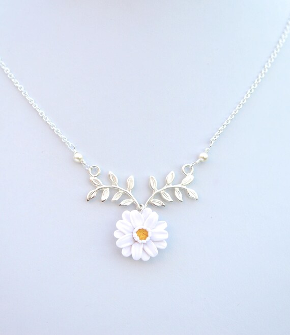 White Gerbera Daisy and Branch Necklace. Leaf Branch Drop Necklace