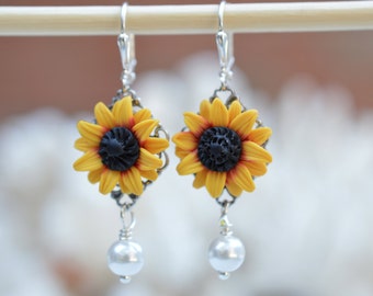 Red and Yellow Sunflower and Pearl Earrings, Sunflower Flower Jewelry, Statement  Sunflower Earrings. Sunflower  Wedding Jewelry.