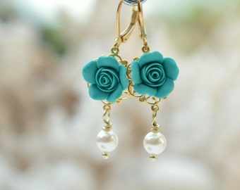 Mermaid Teal Green Rose and Pearls Earrings. Tamara statement Earrings in Mermaid Green Teal