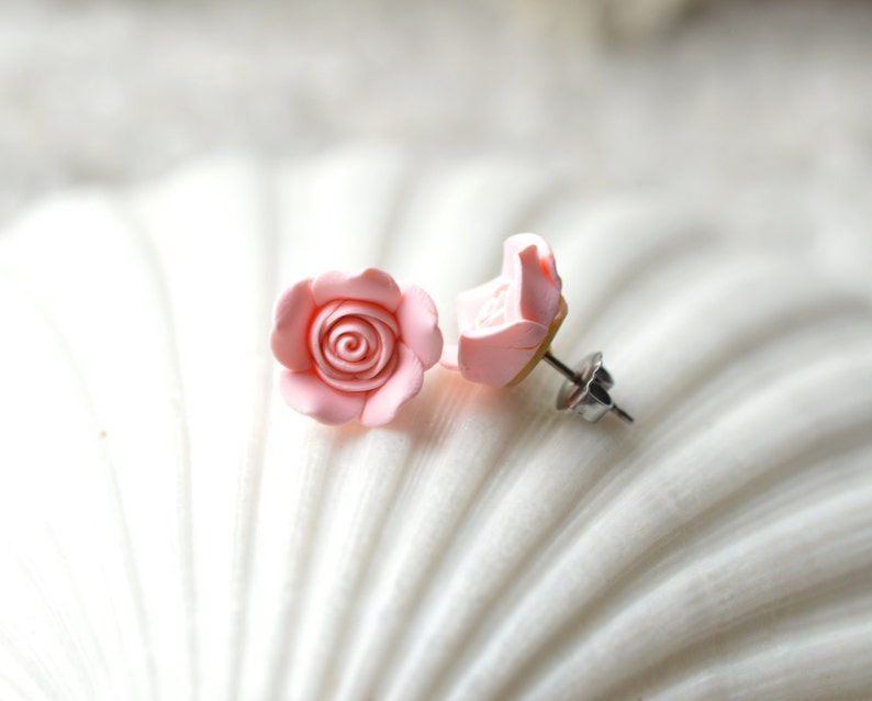 Pastel Blush Pink Rose Stud Earrings. Pink Rose Post Earrings. Flower Rose Stud Earrings. image 3