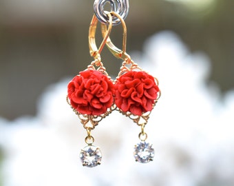 Richelle Statement Earrings in Red Carnation with Crystals . Carnation Flower Earrings.