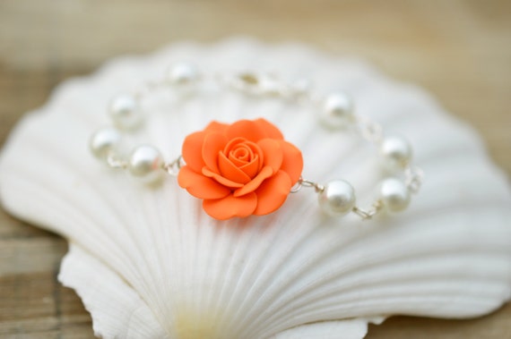 Orange Rose and Pearls Bracelet Orange Flower Bracelet.