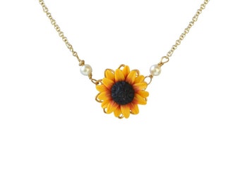 ORIGINAL Red Yellow Sunflower Pendant Necklace. Red Yellow Sunflower Simple Drop Necklace. Sunflower Necklace Jewelry. Sunflower