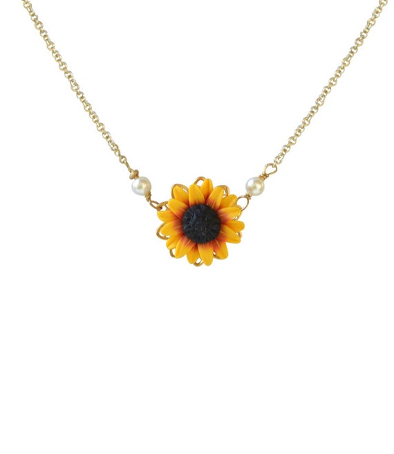 ORIGINAL Red Yellow Sunflower Pendant Necklace. Red Yellow