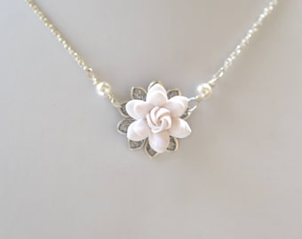 White Gardenia Necklace. Gardenia Necklace Drop Necklace. White Bridal Gardenia Necklace. BRADLEY.