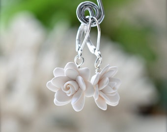 White Gardenia Earrings, White Flower Earrings, White Bridal Earrings, White Wedding Jewelry, Gardenia Jewelry