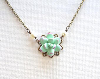 Bradley Delicate Simple Drop Necklace in Light Mint-Purple . Mint Succulent Necklace.