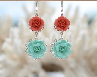 Double Roses Earrings in Coral and Mint Green. Coral and Mint Green Rose Earrings. Coral Mint Bridesmaid Earrings.