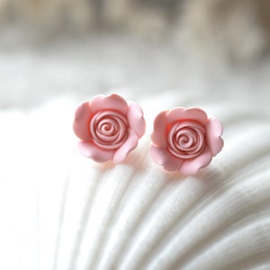 Pastel Blush Pink Rose Stud Earrings. Pink Rose Post Earrings. Flower Rose Stud Earrings. image 1