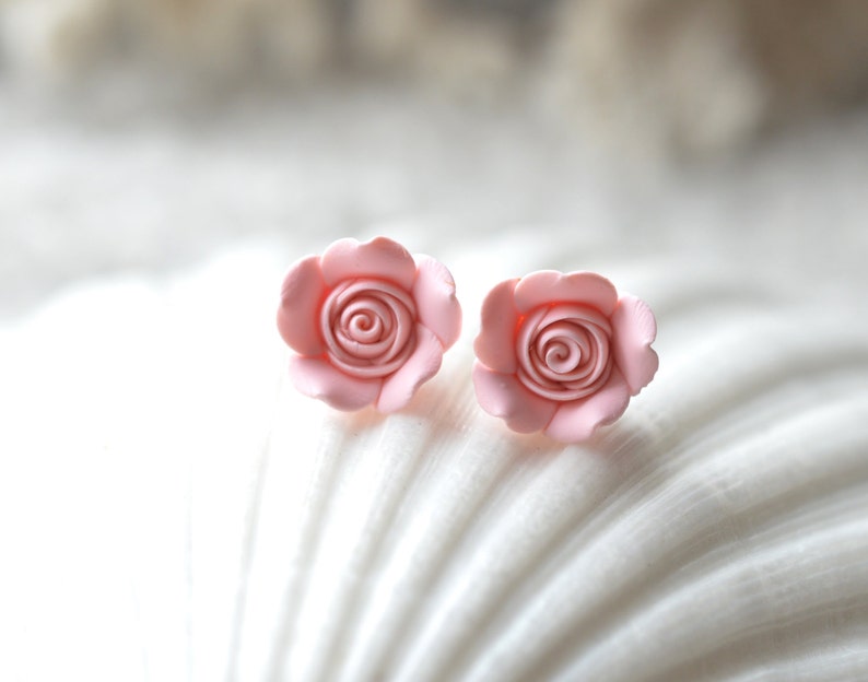 Pastel Blush Pink Rose Stud Earrings. Pink Rose Post Earrings. Flower Rose Stud Earrings. image 1