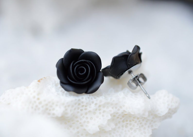 Black Rose Post Earring, Black Rose Stud Earrings, Black Flower Earrings, Floral Earrings image 3