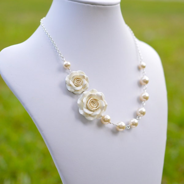 Double Ivory Rose Necklace , Ivory Rose Asymmetrical necklace, Ivory Rose Flower Necklace Free Pearl Earrings