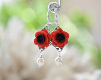 Red Anemone/Red Poppy Flower Earrings, Red and Black Flower Earrings,