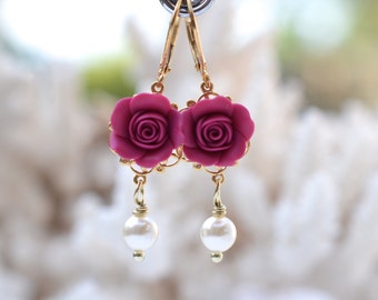 Magenta Rose and pearls Statement Earrings. Tamara Statement Earrings in Magenta Rose.