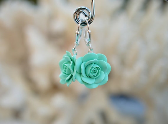 Mint Green Rose Dangle earrings, Light Mint Green Rose Earrings, Dusty Mint Green Bridesmaid Earrings, Mint Green wedding theme Jewelry