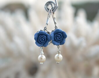 Tamara statement Earrings in Sailor Blue Rose . Dusty Blue Palette Rose Earrings