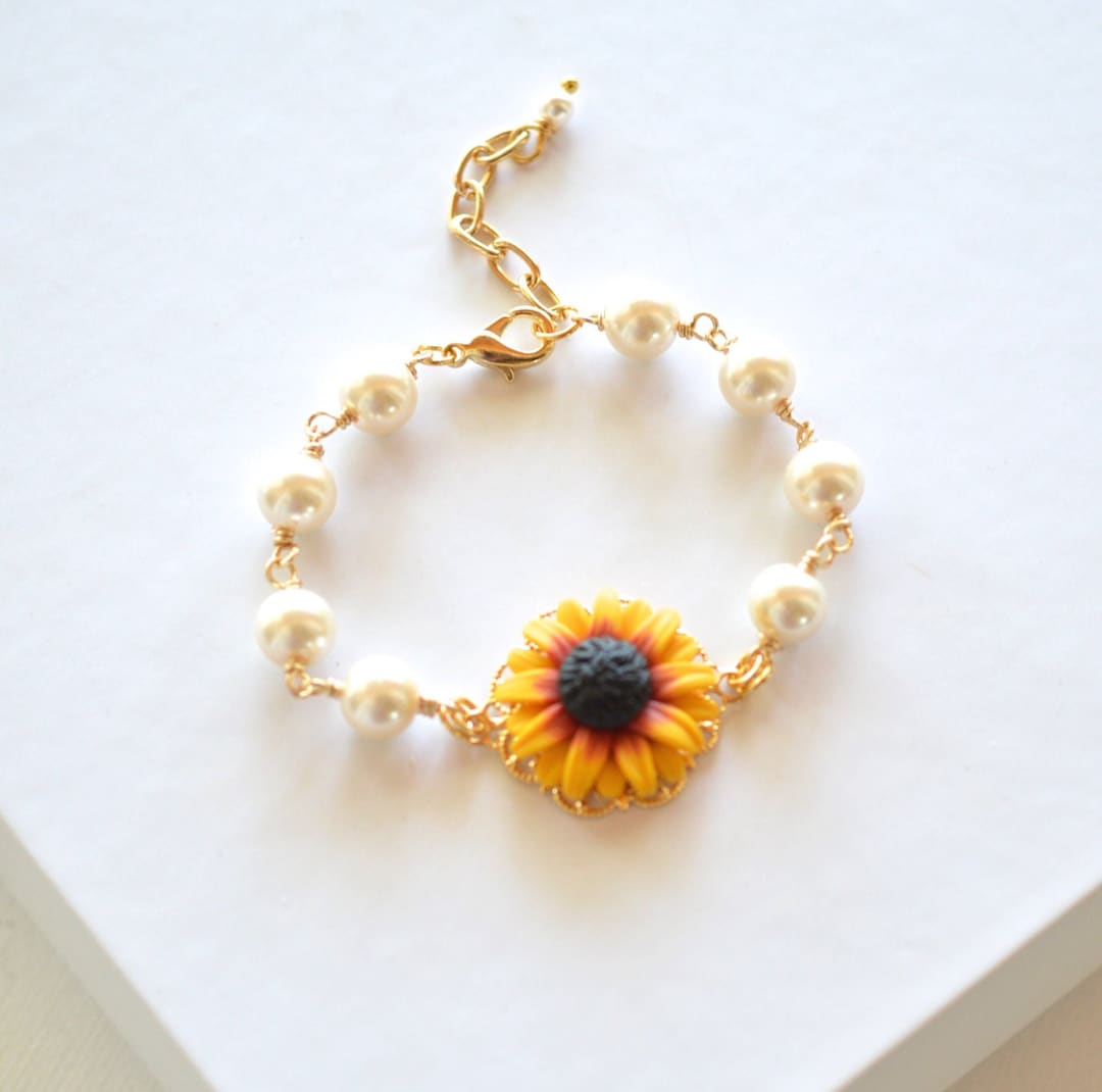 Red and Yellow Sunflower Beaded Bracelets, Sunflower Bracelet
