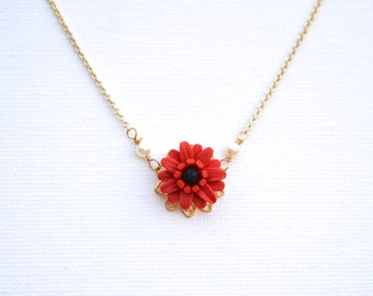 Delicate Drop Necklace in Red Gerbera Daisy . Bradley Delicate Gerbera Daisy in Red and Black Center