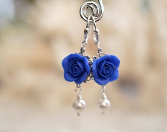 Royal Blue Rose Earrings, Royal Blue Flower Earrings, Bridesmaid Earrings, Deep blue Flower Earrings.