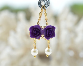 Tamara Statement Earrings in Deep Purple Rose. Deep Purple Rose and Pearls Earrings. Flower Statement Earrings