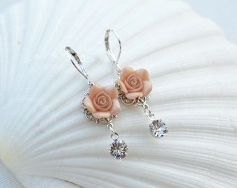Tamara Statement Earrings in Nude/beige Rose With Swarovski Crystal.