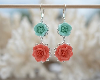 Mint and Coral Orange Rose Earrings, Mint and Coral Flower Earrings, Mint and Coral Wedding Jewelry, Flower Earrings