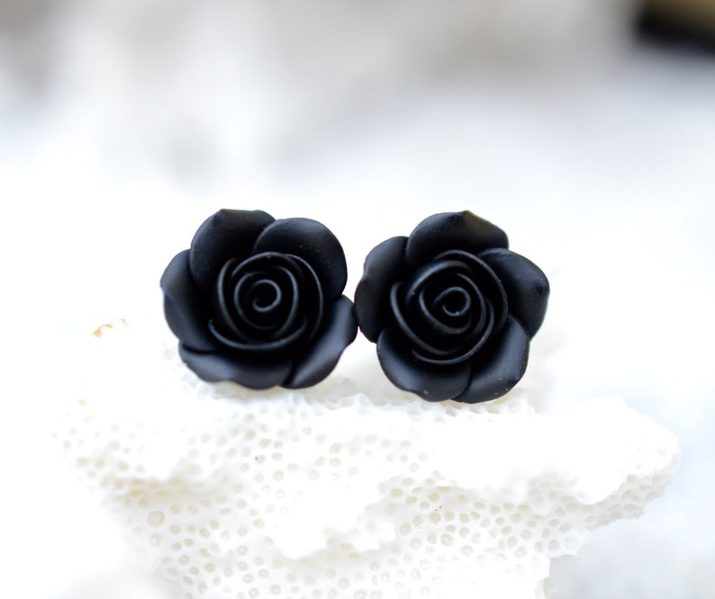 Black Rose Post Earring, Black Rose Stud Earrings, Black Flower Earrings, Floral Earrings image 2