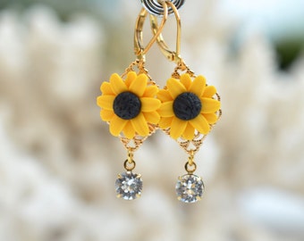 Golden Yellow Sunflower and Swarovski Crystals Earrings. Sunflower Statement Earrings.