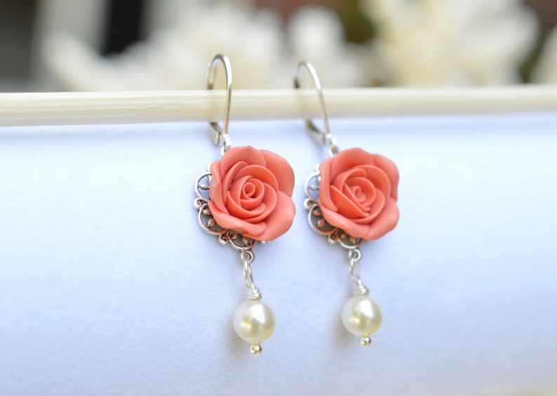 Coral Rose Earrings Bridesmaid Earrings Coral Flower Earrings Bridal Jewelry Summer Earrings