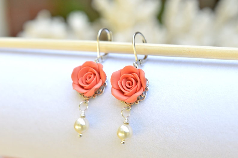 Coral Rose Earrings Bridesmaid Earrings Coral Flower Earrings Bridal Jewelry Summer Earrings