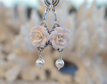 White Cherry Blossom, White Sakura Earrings, White Bridal Earrings, White wedding Jewelry