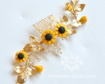 Golden Yellow Sunflower And Leaves Hair Vine. Yellow Sunflower and Leaves Hair Vine Headpieces. Summer Hair Accessories. DARLIN Hair Comb