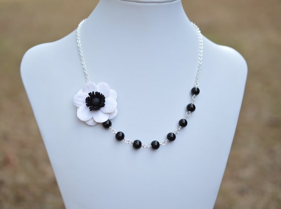 Black and White Anemone Flower Necklace Anemone Flower Necklace