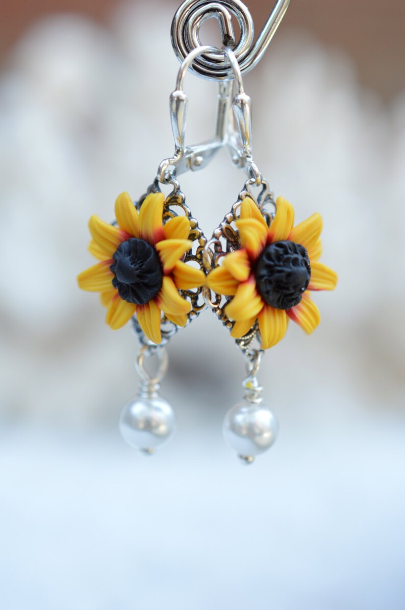 Red and Yellow Sunflower and Pearl Earrings Sunflower Flower Etsy