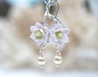 White Magnolia and Pearls Earrings. Magnolia Statement Earrings. a