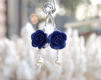 Navy Blue Rose Earrings, Navy Blue Flower Earrings, Navy Blue Earrings, Navy Blue Wedding Jewelry, Navy Blue Bridesmaid Earrings