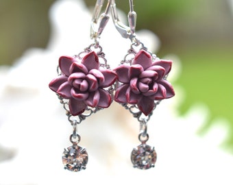 mauve  succulent Earrings with Swarovski Crystal , Statement Green Succulent Earrings.