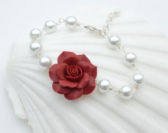 Red Garnet/ Deep Red Rose and Pearls Bracelet, Red Rose Bracelet, Red Flower Bracelet, Red Flower Jewelry