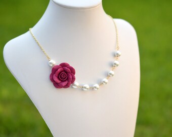 Magenta Rose and White Pearls necklace , Magenta Asymmetrical Necklace. Free Pearls Earrings