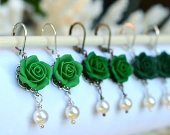 Emerald Green, Evergreen, Dark Teal Rose and Pearls earrings, Green Flower Earrings, Green Bridesmaid Earrings, Green Theme Jewelry