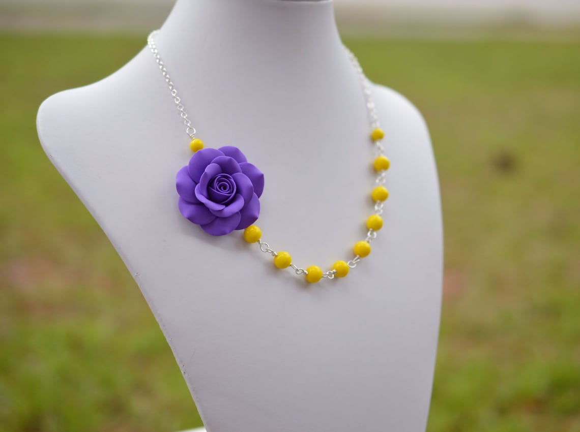 FREE EARRINGS Purple Rose and Yellow Bead Necklace Purple and Etsy