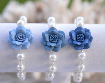 1 pcs of Dusty Blue Palette Rose Link Bracelet. Dusty Blue Rose Bridesmaid Bracelet.