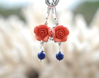 Tamara Statement in Coral Orange Rose and Dark Blue Swarovski Pearls. Coral and Blue Bridesmaid Earrings.