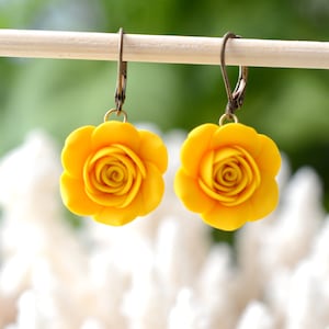 Yellow Rose dangle earrings, Yellow Rose Earrings, Yellow Bridesmaid Earrings, Yellow wedding theme Jewelry